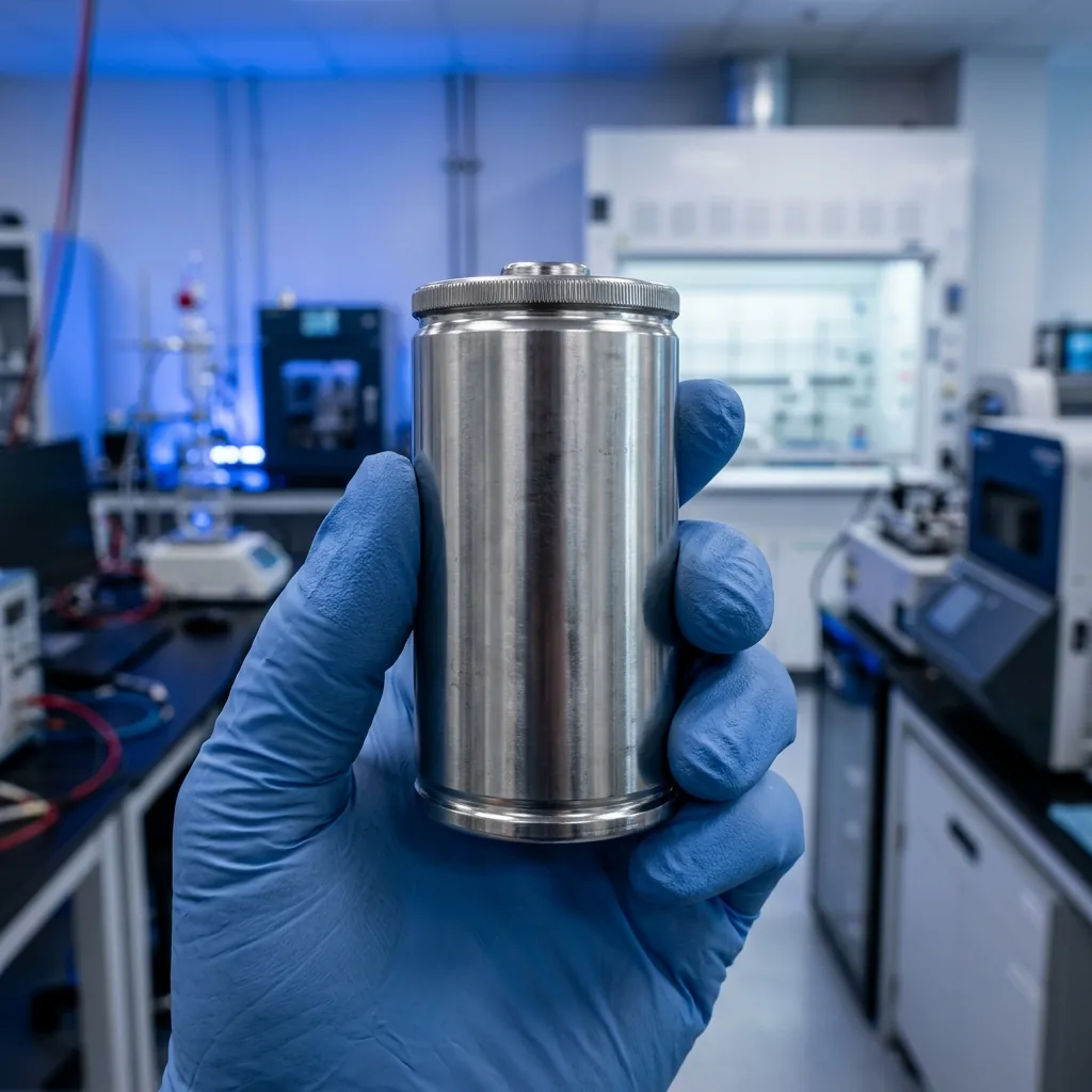Tesla 4680 Batteriezelle in Nahaufnahme, gehalten mit blauem Laborhandschuh