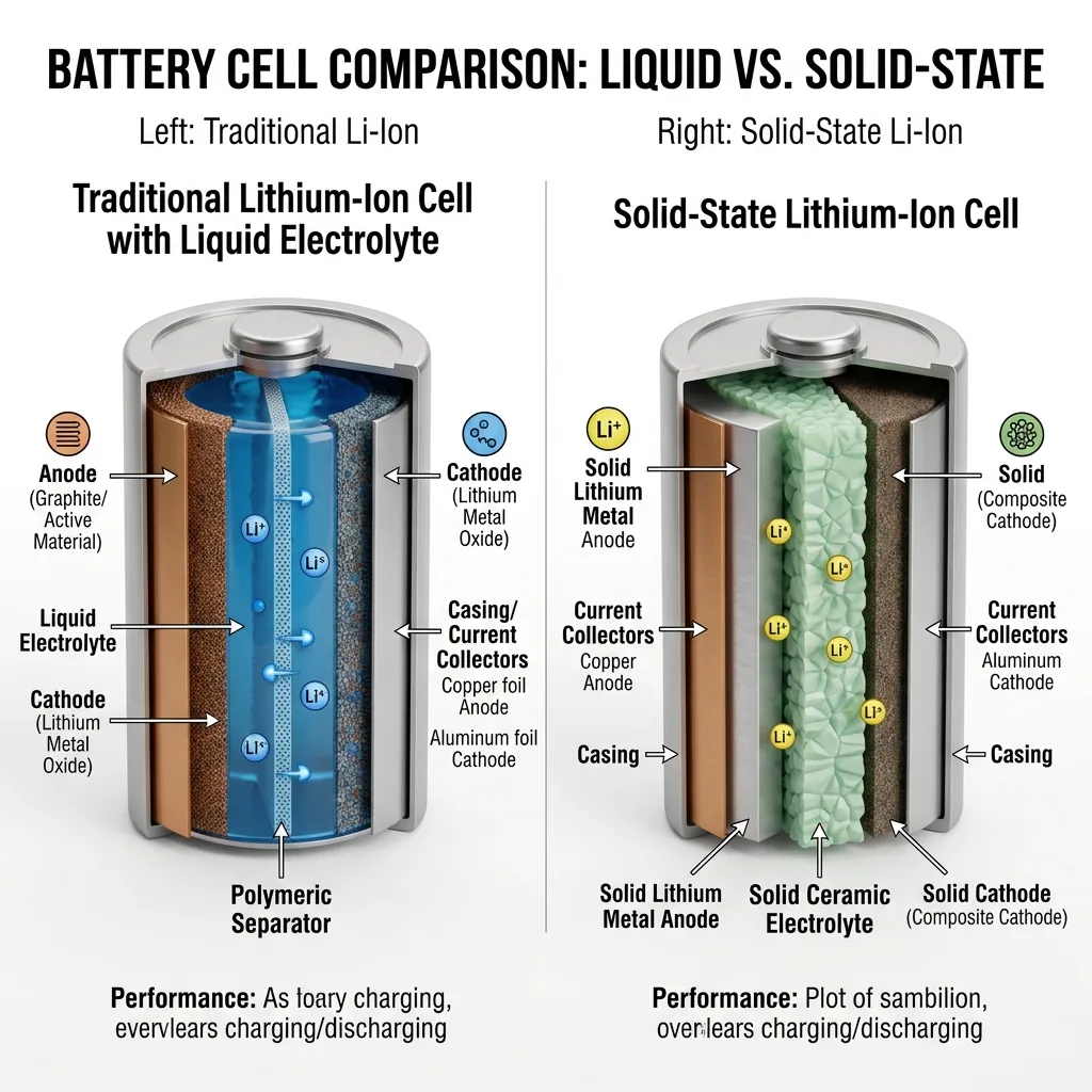Querschnitt-Vergleich einer herkömmlichen Lithium-Ionen-Zelle mit Flüssigelektrolyt und einer Solid-State-Zelle mit festem Keramik-Elektrolyten