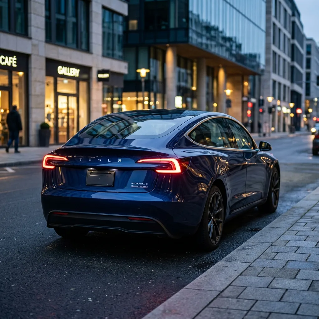 Tesla Model 3 Highland Heckansicht in Midnight Blue