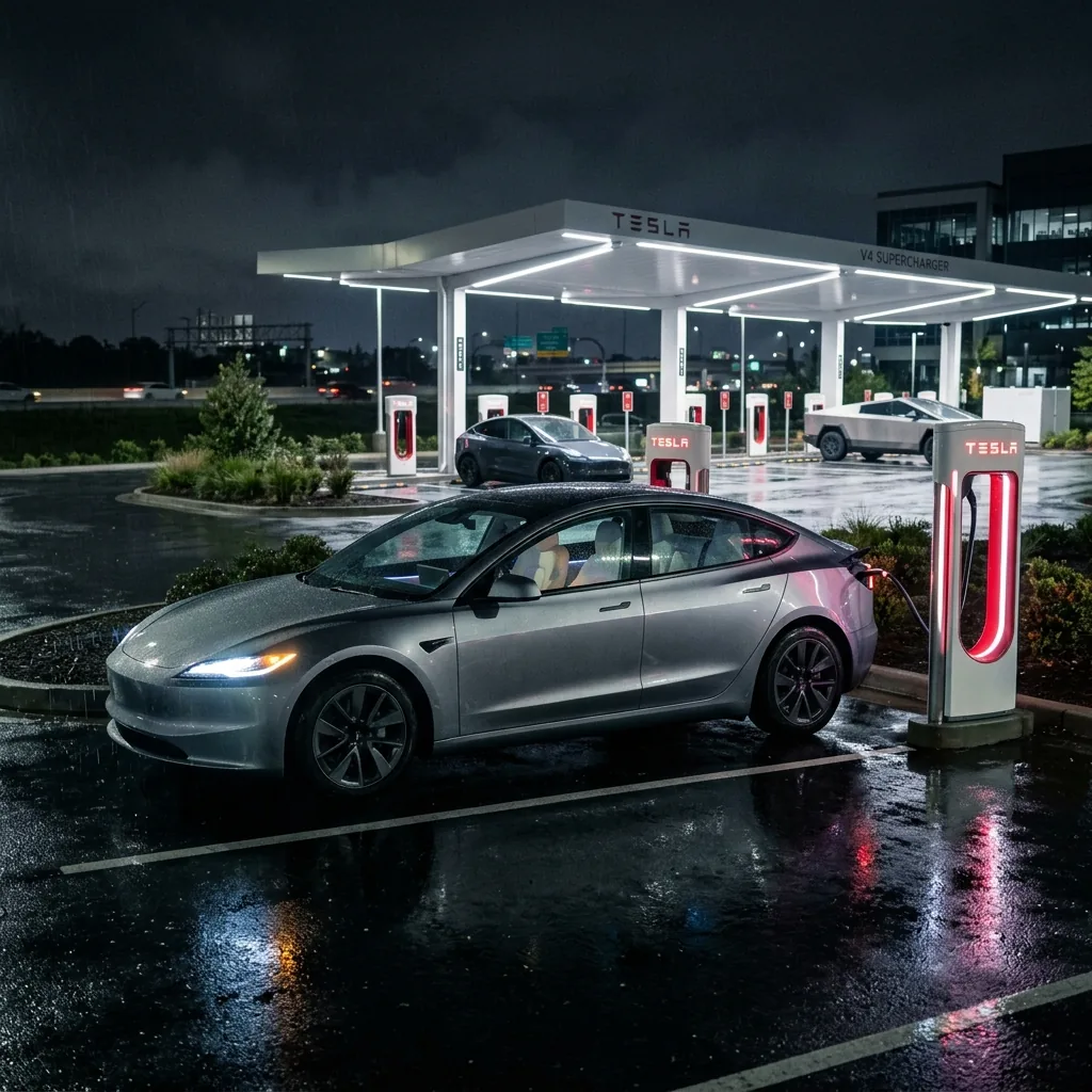 Tesla Model 3 Highland beim Laden am Supercharger V4 bei Nacht