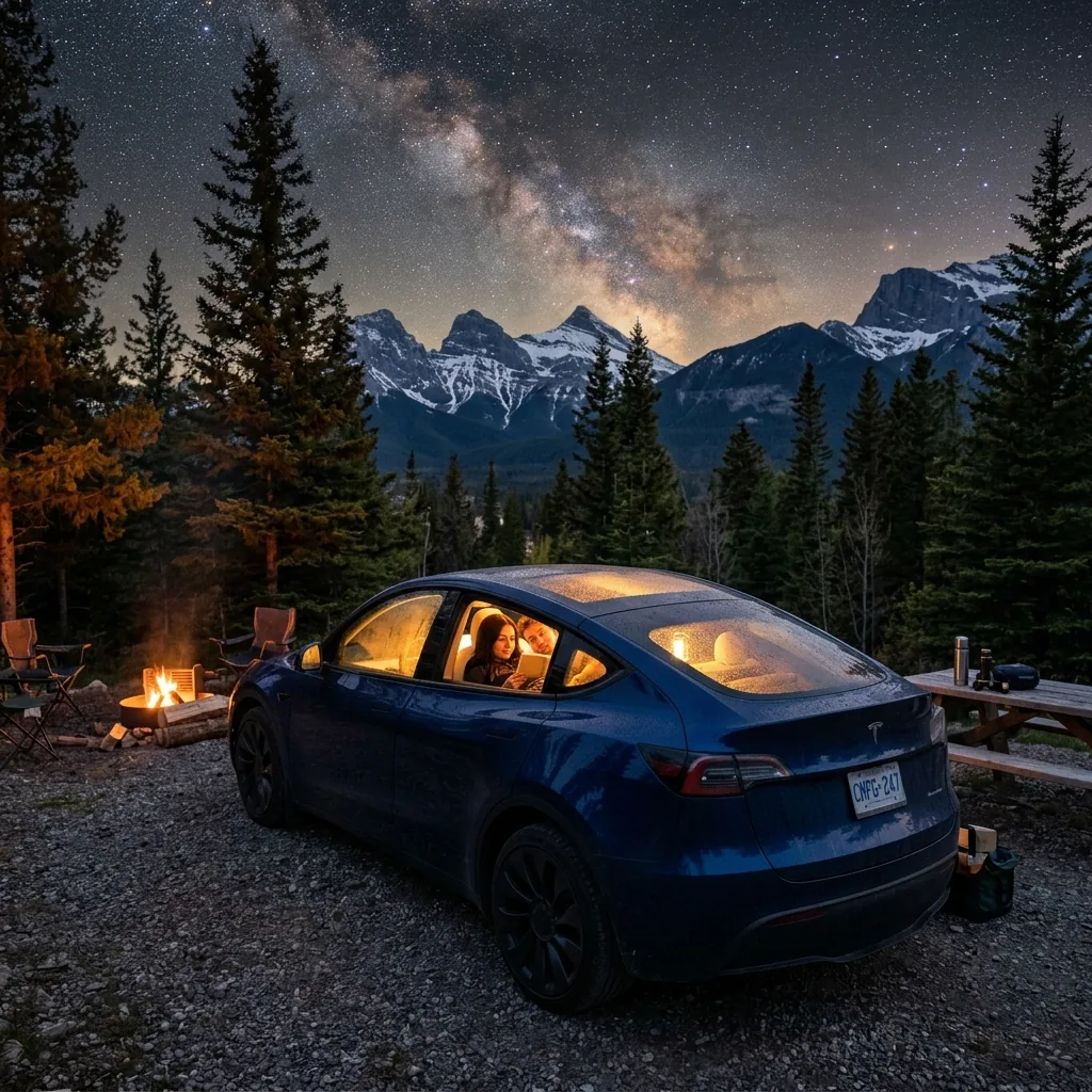 Tesla Model Y im Camp Mode bei Nacht unter Sternenhimmel mit warmem Innenraumlicht