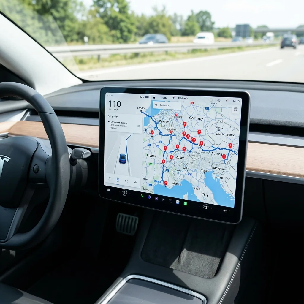 Tesla Touchscreen zeigt Routenplanung durch Europa mit Supercharger-Waypoints