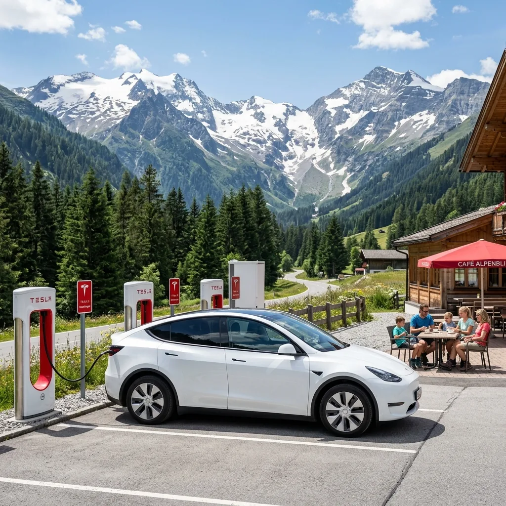 Tesla Model Y lädt am Supercharger in den Alpen während die Familie Kaffee trinkt